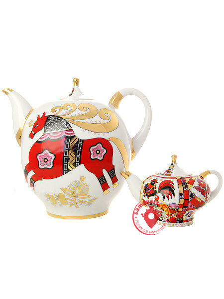 Комплект чайников форма Новгородский рисунок Красный конь Императорский фарфоровый завод