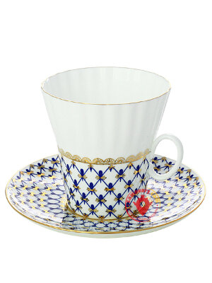 Фарфоровая чашка с блюдцем форма Одуванчик рисунок Кобальтовая сетка Императорский фарфоровый завод