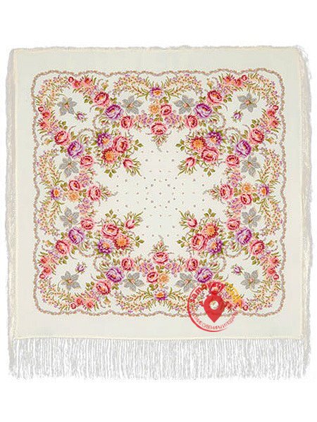 Павлопосадский шерстяной платок с шелковой бахромой «Ягодка», рисунок 1425-3
